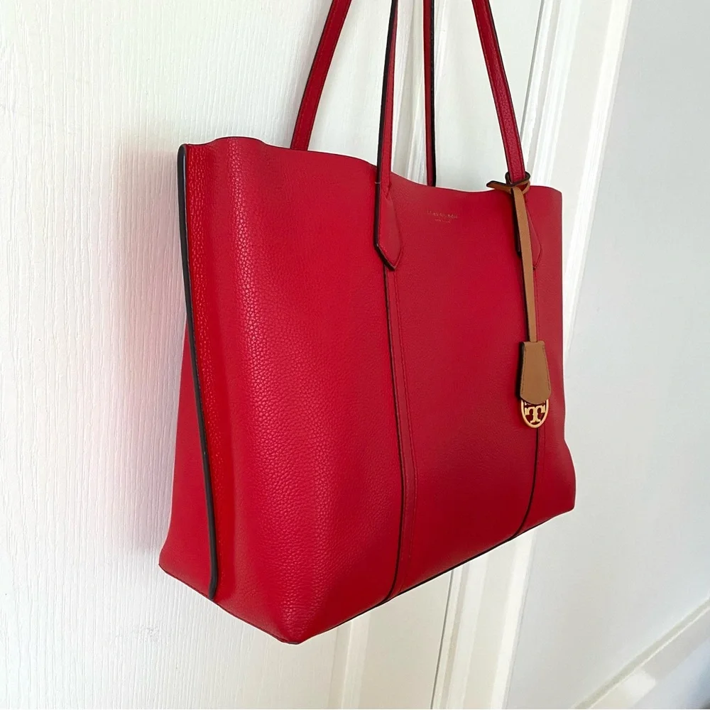 Tory Burch Perry Red Pebble Leather Triple Compartment Tote/Shoulder Bag - Picture 3 of 16